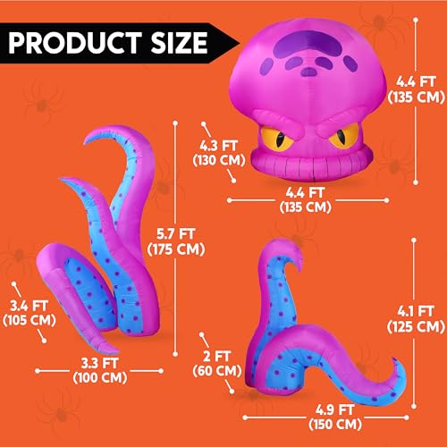 Purple Big-Headed Halloween Inflatable Octopus with LEDs - 10ft Yard Decor