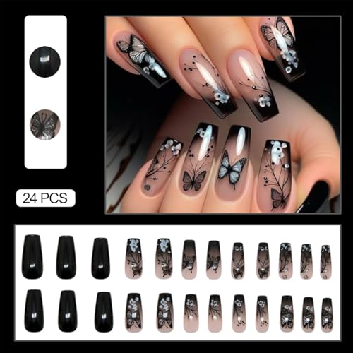 YCLSKNO 24Pcs Black Coffin Press On Nails with Butterfly Floral Design, Easy Glue-On Fake Nails