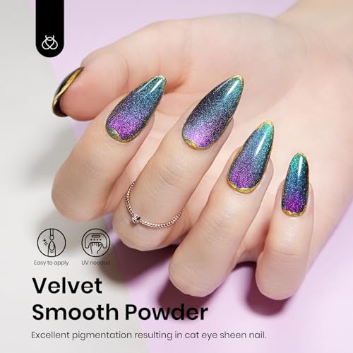 Beetles Cat Eye Chrome Nail Powder Set - Blue Holo 1 2-in-1 Holographic Effect