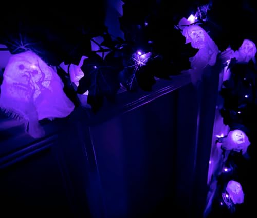 Halloween Black Maple Garland with Purple LED Lights Skeleton & Skull - Veiled Ghost Cobweb Maple