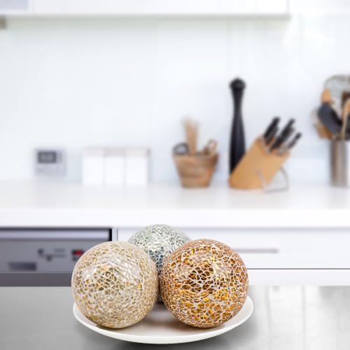 Decorative Mosaic Glass Balls Set - 3 Pcs 3.35 Inch Gold Silver Mix Colors
