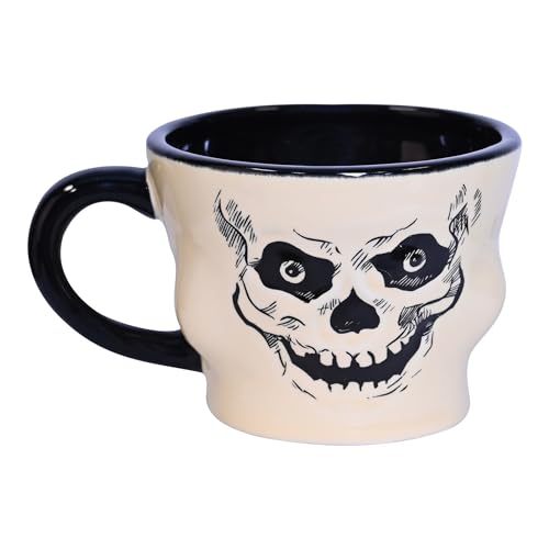 Vintage Halloween Ceramic Skull Mug with Black Handle - 12 Oz, Skeleton Face, Bone White & Black, Skull Variation