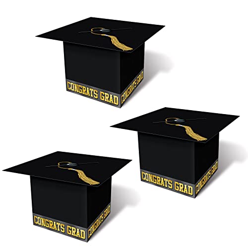 8.5 x 8.5 Inch Black Graduation Cap Gift Card Boxes Pack of 3 - Gold 'Congrats Grad' Design