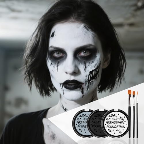 Oil-Based Face Paint Kit for Halloween - Black, White, Grey - Professional Makeup Set with Brushes