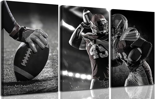3Pcs Football Canvas Wall Art - Black and White Sports Decor, 16x12 Inches