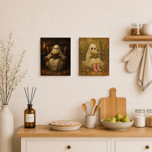 Ghost Reading Book Wall Art Decor Set of 4 - Halloween Fall Whimsical 8x10 Inch