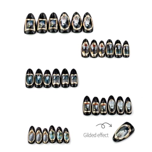 Halloween Black Press On Nails Short Almond Style-22 Gothic Ghost Fake Nail Kit