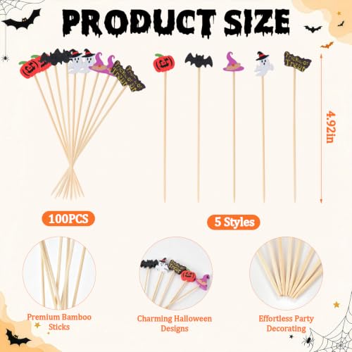 Summer Halloween Party Decorations Set with 100 Drink Umbrellas & 100 Cocktail Picks - 5 Designs for Cocktails, Cupcakes & Snacks