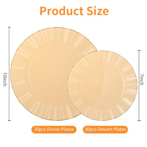 Clear Orange Plastic Plates Set with Gold Rim - 60 Pcs Disposable Dinner & Dessert Plates, Elegant Wave Design, Reusable for Parties & Weddings