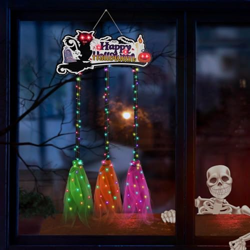 Halloween Light Up Sign with 3 Witches Brooms & Black Cat - Witch Variation A