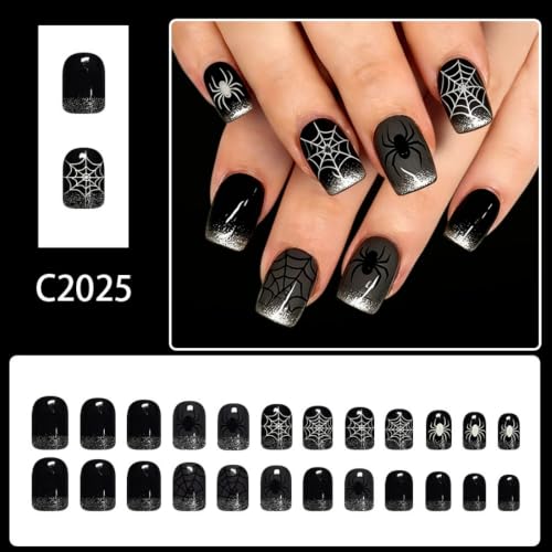 Halloween Press On Nails Short Square Black Nails with Spider Web Design & Glitter Tips - Reusable Fall Holiday Manicure 24Pcs - Color31