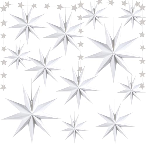 White 12 Pack 9-Pointed Large 3D Paper Star Lanterns with Star Garland for Party & Home Decor