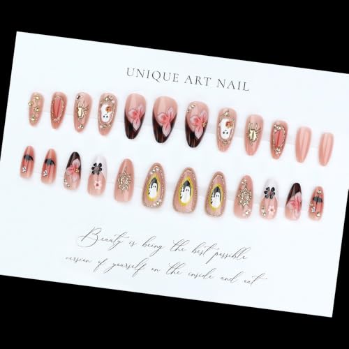 Medium Almond Pink 3D Ghost Spider Flower Halloween Press On Nails - Reusable
