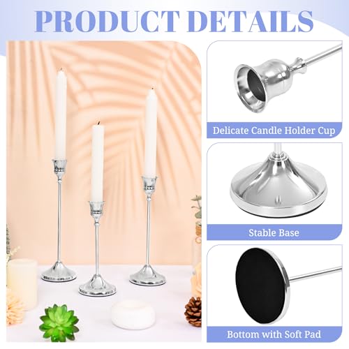 Silver Candlestick Holders Set of 15 - Metal Taper Candle Holders with Different Heights