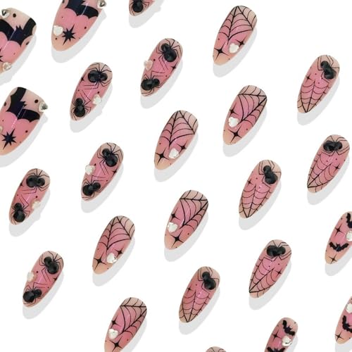 Halloween Press On Nails Pink Chrome Spider Web Bat 3D Rhinestones Set - Variation 2433