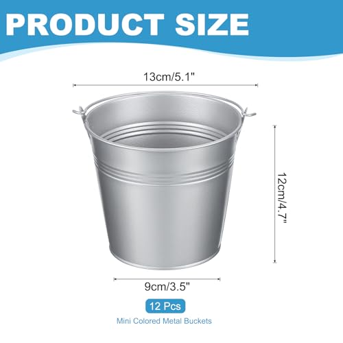 Mini Metal Buckets Set - 12 Colorful Galvanized Containers with Handles, 5.1x4.7 Inches, Silver