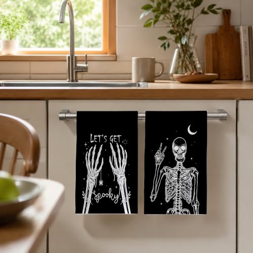 Skeleton Spooky Kitchen Towels Set of 2 Halloween Dish Towels - Black & White