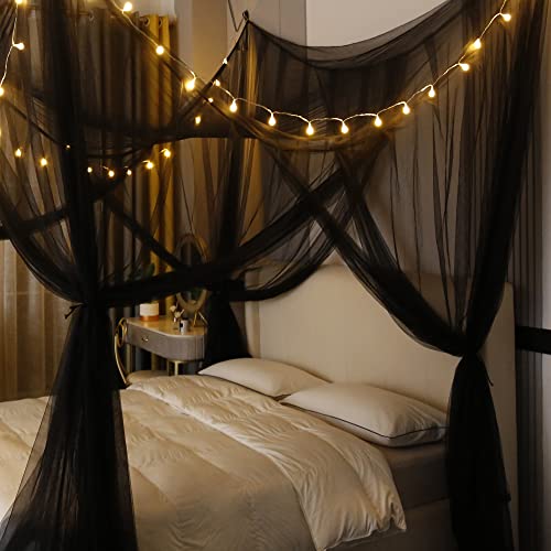 Black Canopy Bed Curtains with Lights for Full to King Size Bed - Halloween & Gothic Room Decor - 87x79x98 Inches
