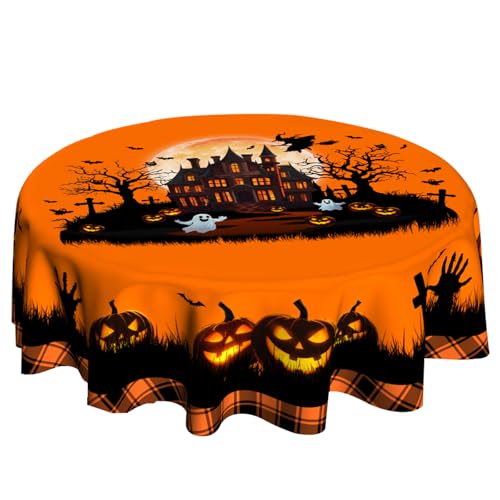 Halloween Castle Round 60 Inch Tablecloth - Pumpkin Ghost Witch Bat Fall Decor