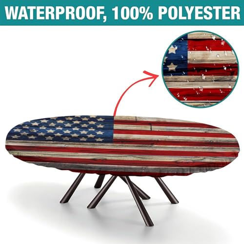 Custom Fitted Oval Tablecloth with American Flag - 60 x 42 Inch, Elastic Edge, Personalized Picnic & Party Cover