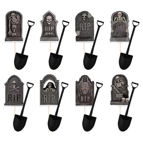 Halloween Cupcake Toppers & Mini Shovel Spoons Set - 48 Pcs, Skeleton Tombstones - Variation 1