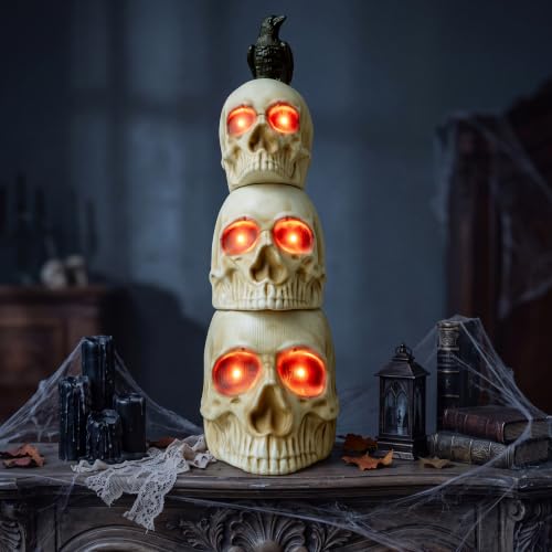 Stackable Skeleton Decor with Glowing Skulls and Crow for Halloween Yard Indoors