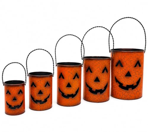 Halloween Pumpkin Candle Holders Set of 5 Rustic Metal Jack-O'-Lantern Decor