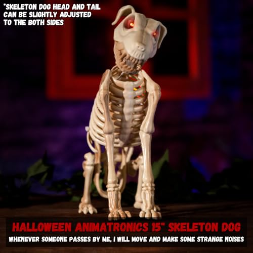 Halloween Animatronics 15-Inch Skeleton Dog with Light-Up Eyes & Sound Activation - Creepy Haunted Prop for Indoor Outdoor Decor