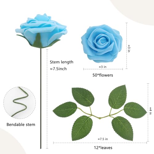 Baby Blue Realistic Roses - 50 Artificial Latex Flowers with Bendable Stems & Leaves - Wedding & DIY Decor (Variation of THIS listing: Baby Blue / 50)