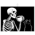 Skeleton Coffee Cat Dish Drying Mat - Reversible Black & White Microfiber Kitchen Rug 18x24 Inch