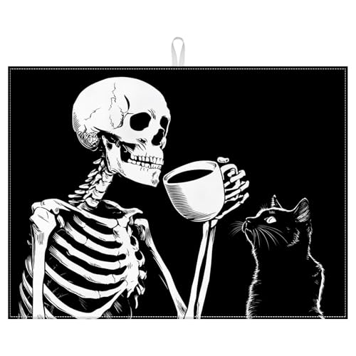Skeleton Coffee Cat Dish Drying Mat - Reversible Black & White Microfiber Kitchen Rug 18x24 Inch