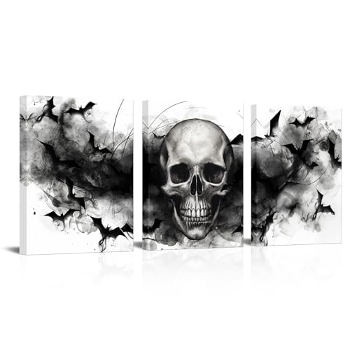 Black and White Skull Wall Art Set - Gothic Halloween Home Decor 12x16 Inch 3 Pieces
