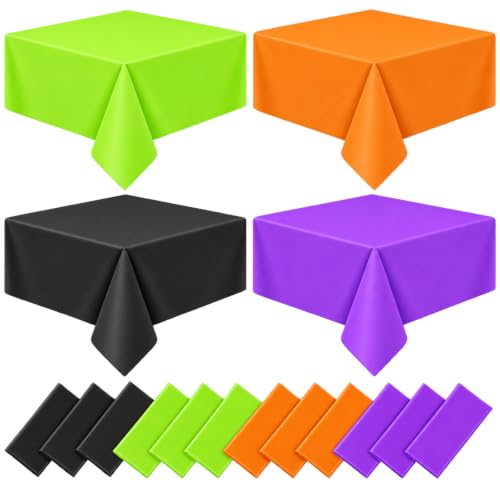 Halloween Disposable Plastic Tablecloth - 12 Pcs Rectangular Festive Table Cover - Green Black Purple Orange Variation