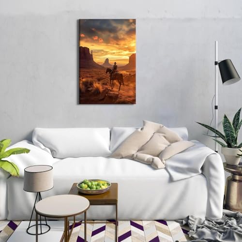 Western Cowboy Wall Art Desert Mountain Sunset Canvas Print - 16x24 Inches - Rustic Home Decor Variation of ZRCB13