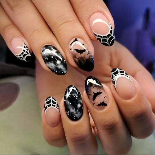 Halloween Press-On Nails Short Almond Fake Nails with Spider Web Bat Design - Style03