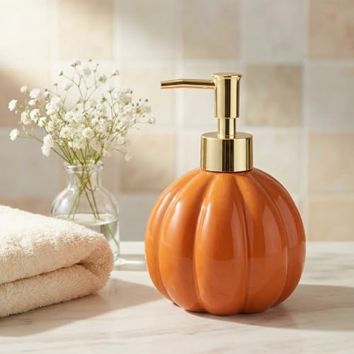 Halloween Pumpkin-Shaped Ceramic Soap Dispenser with Golden Pump - Orange