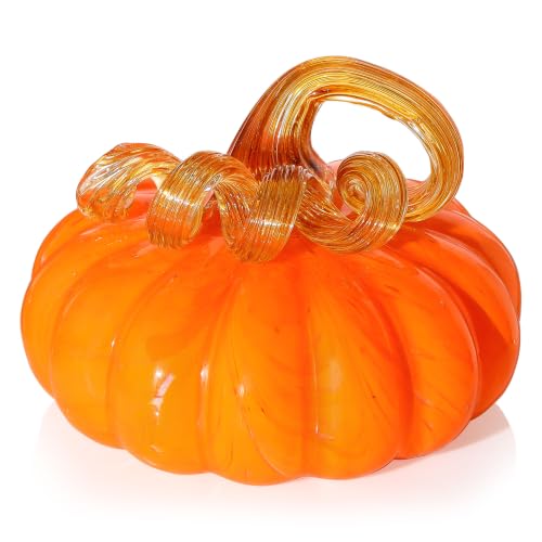 Orange Red Hand Blown Glass Pumpkin - Fall Harvest Halloween Decor - Variation of Red