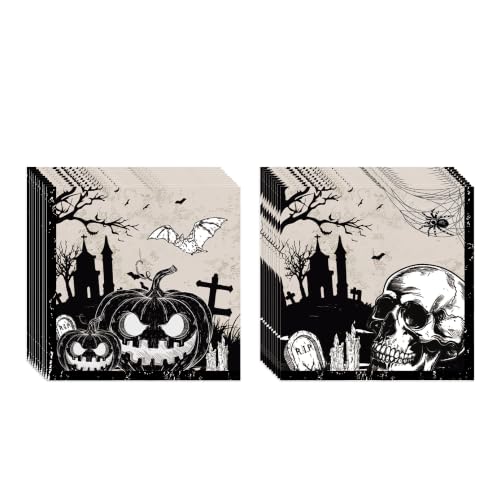 Gothic Halloween Paper Napkins - Disposable Skull Pumpkin Graveyard Design - 20 Pack - Napkin Variation
