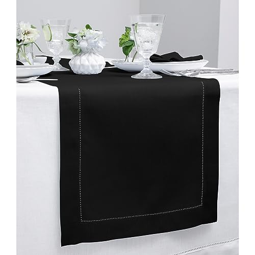 Linen Table Runner 16x108 in Black Hemstitch - Classic Home Decor