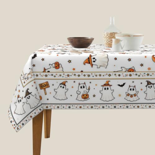 Autumn Halloween Tablecloth 60 Inch Square Ghost Design - White Ghost