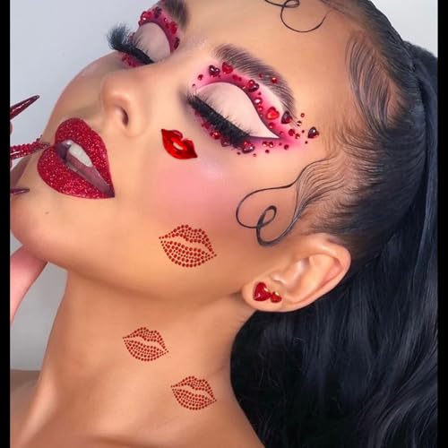 Red-Pink Kiss Face Gems Self-Adhesive Face Stickers for Makeup & Rave