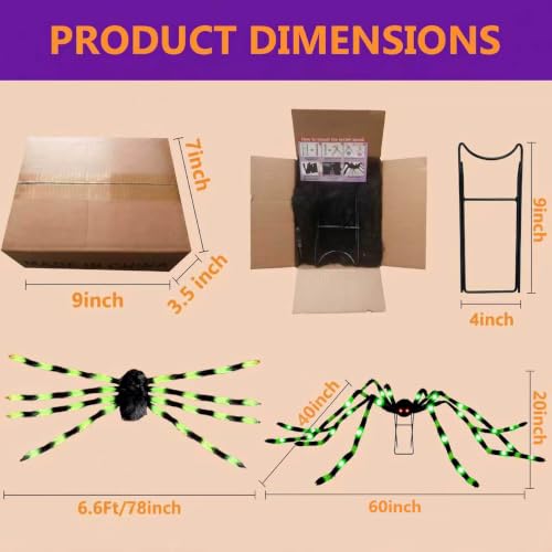 6.6 Ft Giant Black & Green Halloween Spider with 36 LED Lights & Metal Stand - 1 Pack