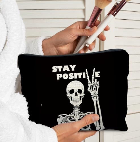 Inspirational Gothic Skeleton Makeup Bag for Women - Positive Skull Cosmetic Pouch with Zipper - Black & White