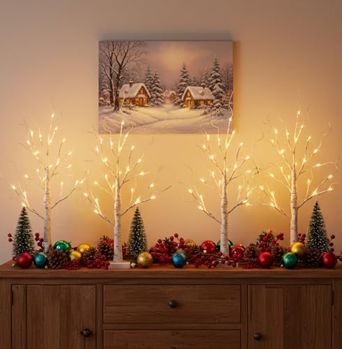 4 Pack Lighted Birch Tree Decorations - 2 Ft Indoor LED Tabletop Trees with Timer
