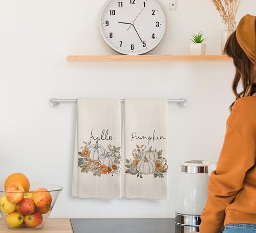 White Hello Pumpkin Fall Kitchen Towels and Dishcloths Set of 2 - Farmhouse Decor Gift