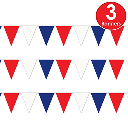Patriotic Pennant Banners 3 Pack - Red White Blue 120ft for 4th of July Memorial Day