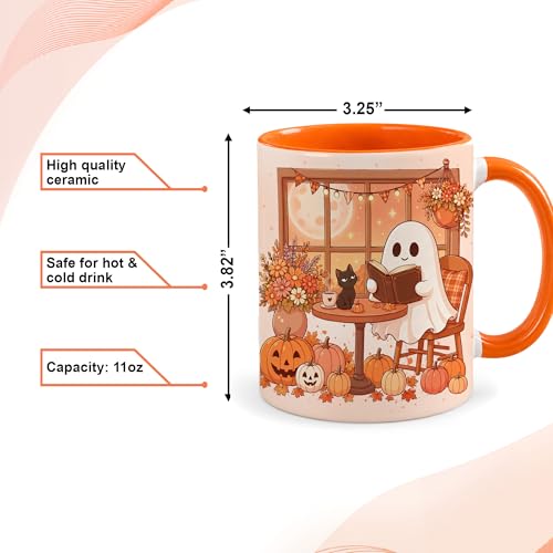 Ghost Fall Reading Mug 11 Oz with Keychain - Book Lover Gift, Halloween & Autumn Theme - Variation: Ghost Fall & Cat