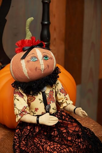 Halloween Pumpkin Girl Decor - Whimsical Pumpkin Head Figurine with Spider Web Dress - Orange, 18in