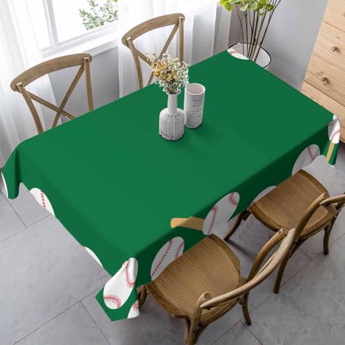 Baseball Balls and Bats Tablecloth 60x84 Inch Rectangular Party Decor - White Red Brown