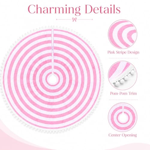Pink and White Christmas Tree Skirt with Pom Poms - 30 Inch Diameter, MACTING